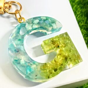 天然晶石字母滴膠鎖匙扣 - 漸變綠金箔天然石