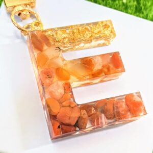 天然晶石字母滴膠鎖匙扣 - 啡色金箔晶石
