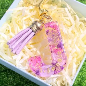 永生花字母滴膠鎖匙扣 - 紫色流蘇