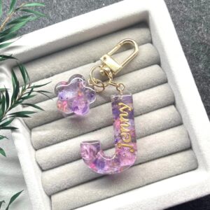 永生花字母滴膠鎖匙扣 - 紫色花花