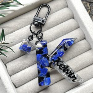 天然晶石字母滴膠鎖匙扣 - 型格黑藍